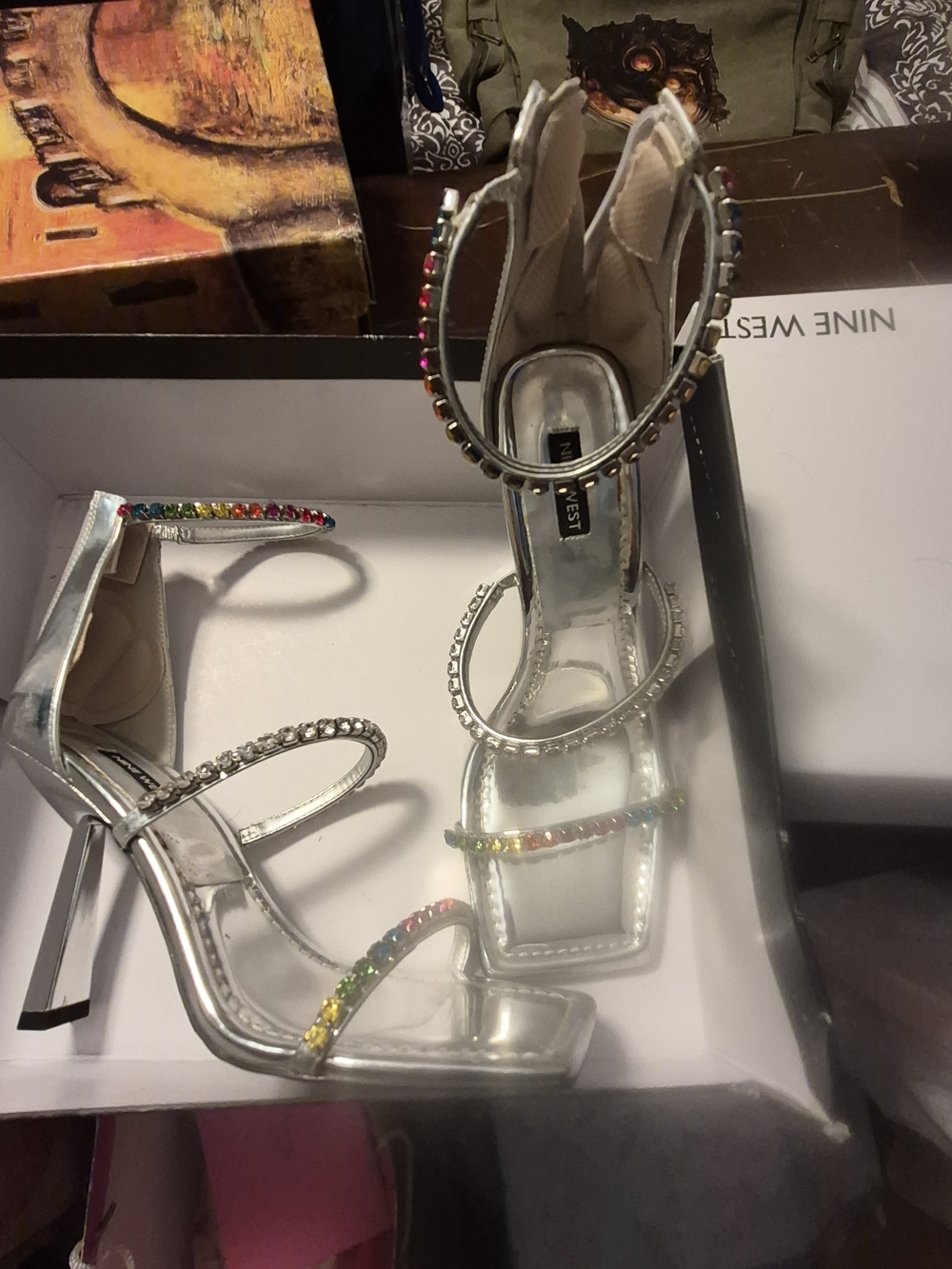 8 Women Nine West Silver High Heel Strappy Sandals with Multicolor Gem Trim Sz 8